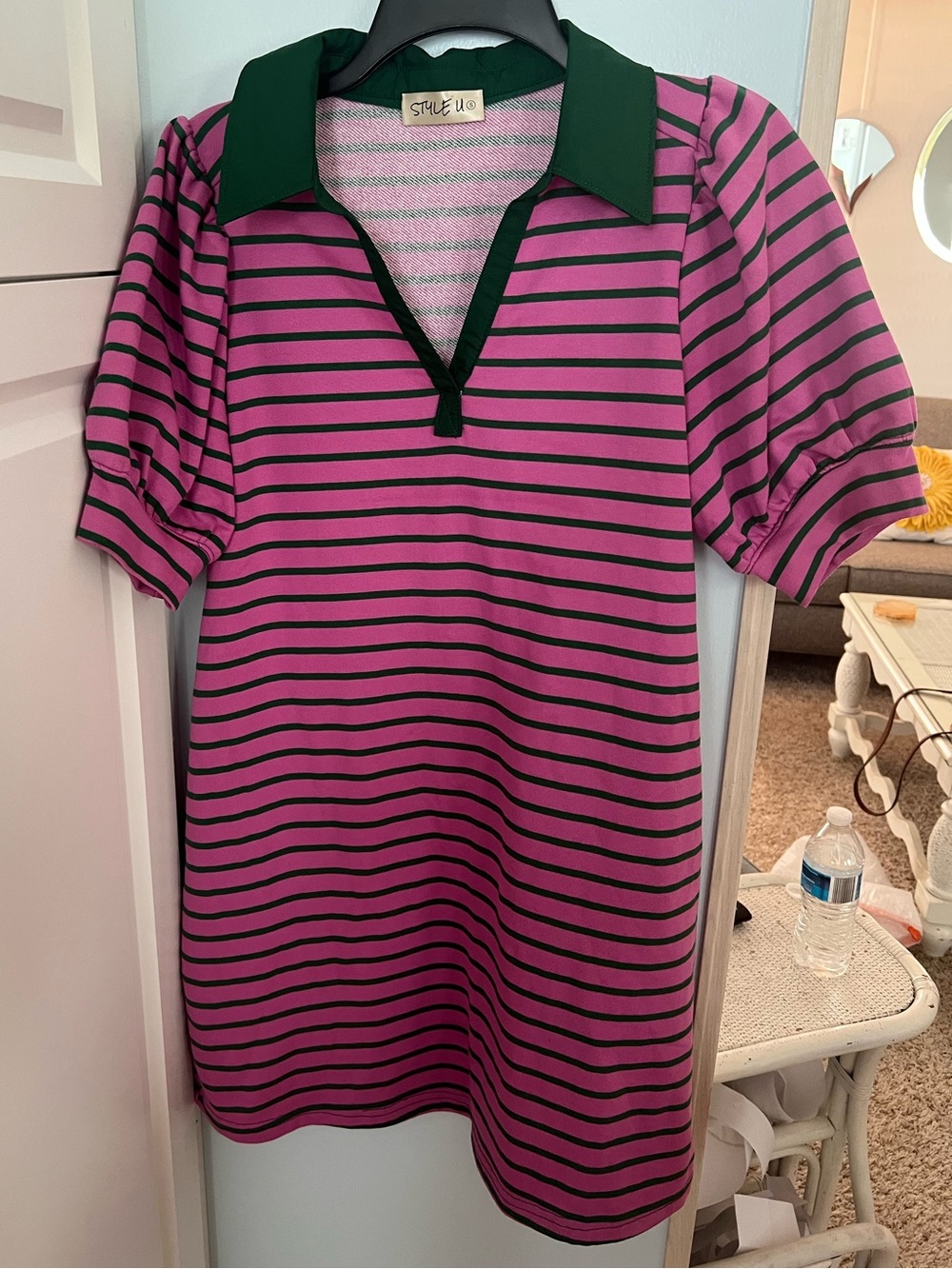 Women's Polo Collar Striped Dress Puff Short Sleeve front Pocket Detail Pink S